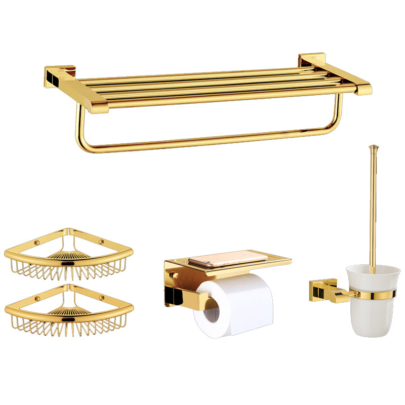 Modern Towel Bar Bathroom Hardware Set Bath Shelf Gold Bathroom Accessory Set 5-Piece Set (Toilet Brush) Clearhalo 'Bathroom Hardware Sets' 'Bathroom Hardware' 'Bathroom Remodel & Bathroom Fixtures' 'bathroom_hardware_sets' 'Home Improvement' 'home_improvement' 'home_improvement_bathroom_hardware_sets' 6495863