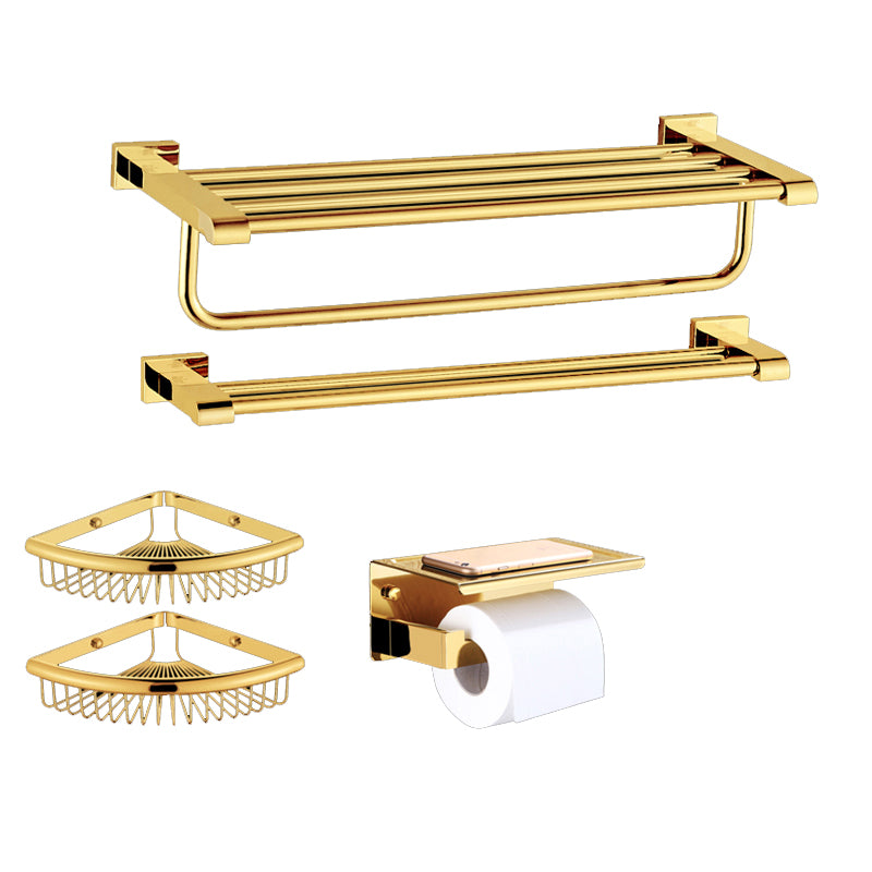 Modern Towel Bar Bathroom Hardware Set Bath Shelf Gold Bathroom Accessory Set 5-Piece Set (Double Rods) Clearhalo 'Bathroom Hardware Sets' 'Bathroom Hardware' 'Bathroom Remodel & Bathroom Fixtures' 'bathroom_hardware_sets' 'Home Improvement' 'home_improvement' 'home_improvement_bathroom_hardware_sets' 6495866