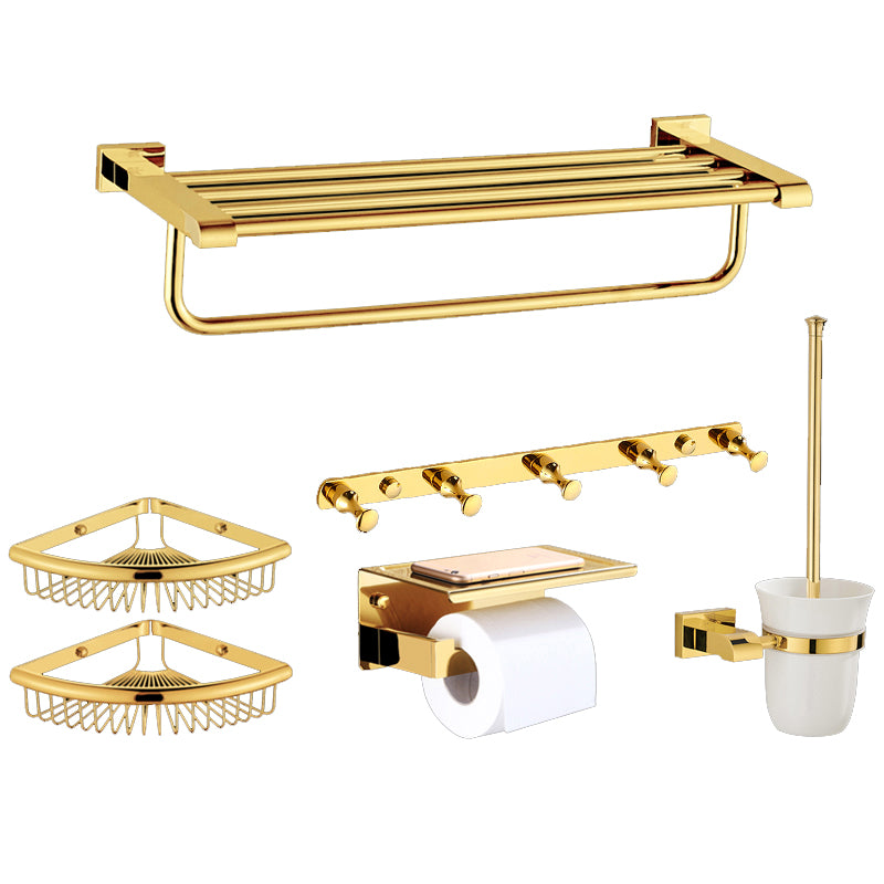 Modern Towel Bar Bathroom Hardware Set Bath Shelf Gold Bathroom Accessory Set 6-Piece Set (Row Hook) Clearhalo 'Bathroom Hardware Sets' 'Bathroom Hardware' 'Bathroom Remodel & Bathroom Fixtures' 'bathroom_hardware_sets' 'Home Improvement' 'home_improvement' 'home_improvement_bathroom_hardware_sets' 6495879