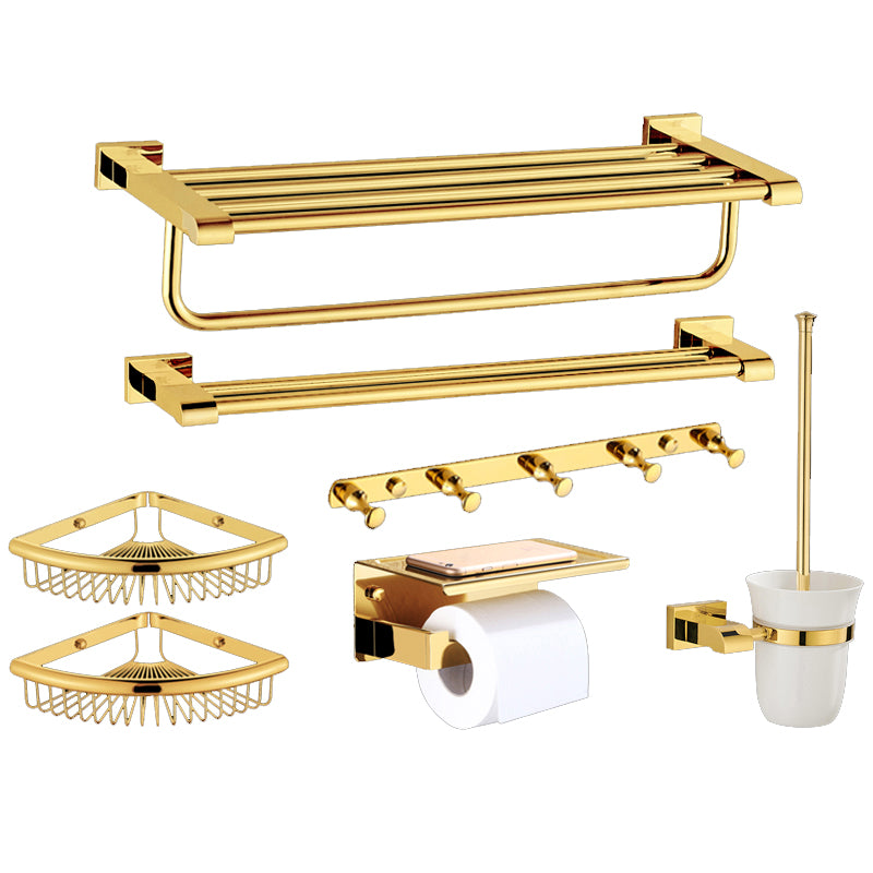 Modern Towel Bar Bathroom Hardware Set Bath Shelf Gold Bathroom Accessory Set 7-Piece Set (Double Rods) Clearhalo 'Bathroom Hardware Sets' 'Bathroom Hardware' 'Bathroom Remodel & Bathroom Fixtures' 'bathroom_hardware_sets' 'Home Improvement' 'home_improvement' 'home_improvement_bathroom_hardware_sets' 6495882