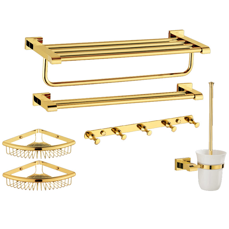 Modern Towel Bar Bathroom Hardware Set Bath Shelf Gold Bathroom Accessory Set 6-Piece Set (Toilet Brush) Clearhalo 'Bathroom Hardware Sets' 'Bathroom Hardware' 'Bathroom Remodel & Bathroom Fixtures' 'bathroom_hardware_sets' 'Home Improvement' 'home_improvement' 'home_improvement_bathroom_hardware_sets' 6495884