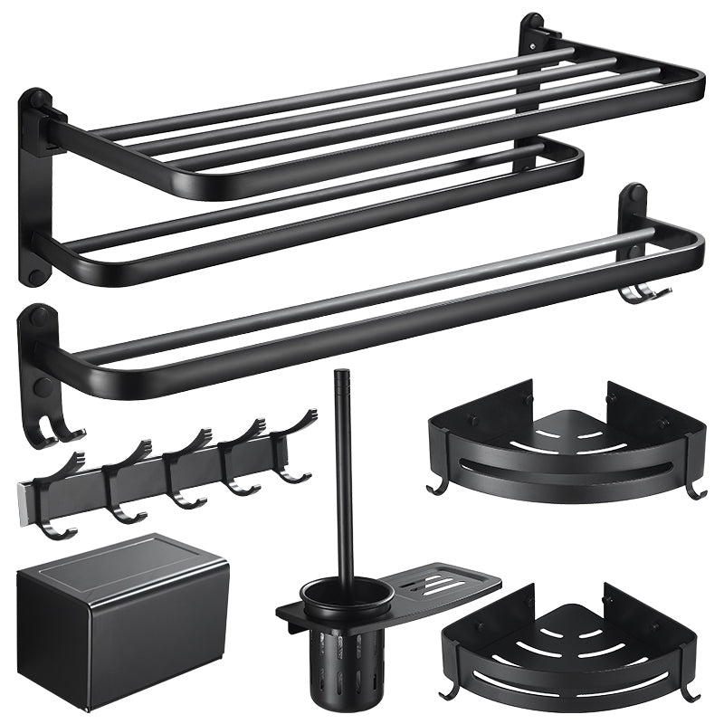 Modern Classic Bath Hardware Set Matte Black Robe Hooks/Towel Bar & Bath Shelf 7-Piece Set Clearhalo 'Bathroom Hardware Sets' 'Bathroom Hardware' 'Bathroom Remodel & Bathroom Fixtures' 'bathroom_hardware_sets' 'Home Improvement' 'home_improvement' 'home_improvement_bathroom_hardware_sets' 6495911