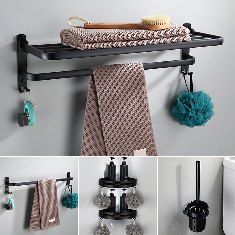 Contemporary Bathroom Accessory Set Black Finish Robe Hooks/Towel Ring Bar 5-Piece Set (Single Rod) Clearhalo 'Bathroom Hardware Sets' 'Bathroom Hardware' 'Bathroom Remodel & Bathroom Fixtures' 'bathroom_hardware_sets' 'Home Improvement' 'home_improvement' 'home_improvement_bathroom_hardware_sets' 6495990