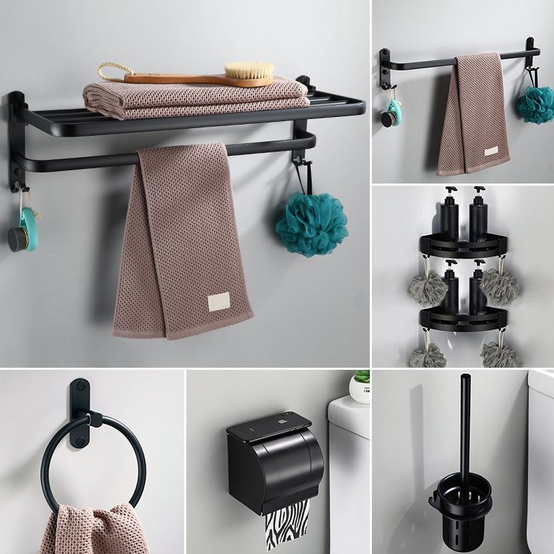 Contemporary Bathroom Accessory Set Black Finish Robe Hooks/Towel Ring Bar 7-Piece Set (Single Rod) Clearhalo 'Bathroom Hardware Sets' 'Bathroom Hardware' 'Bathroom Remodel & Bathroom Fixtures' 'bathroom_hardware_sets' 'Home Improvement' 'home_improvement' 'home_improvement_bathroom_hardware_sets' 6495994