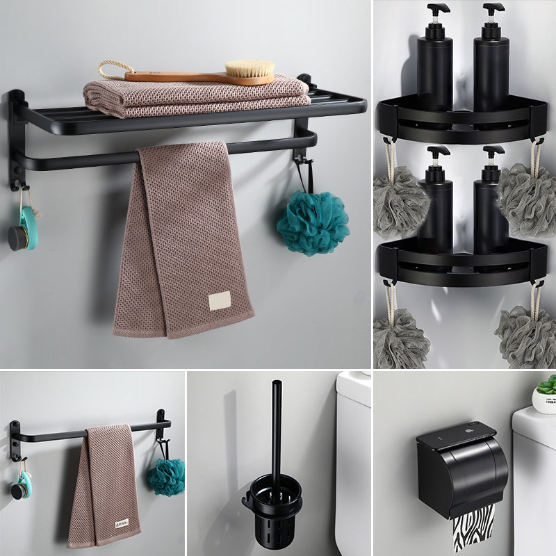 Contemporary Bathroom Accessory Set Black Finish Robe Hooks/Towel Ring Bar 6-Piece Set (Single Rod) Clearhalo 'Bathroom Hardware Sets' 'Bathroom Hardware' 'Bathroom Remodel & Bathroom Fixtures' 'bathroom_hardware_sets' 'Home Improvement' 'home_improvement' 'home_improvement_bathroom_hardware_sets' 6496020