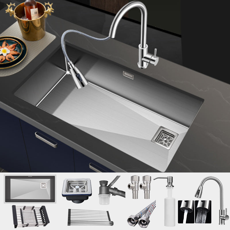 Contemporary Style Kitchen Sink Stainless Steel Noise-cancelling Design Kitchen Sink Sink with Faucet Pull Out Faucet Clearhalo 'Home Improvement' 'home_improvement' 'home_improvement_kitchen_sinks' 'Kitchen Remodel & Kitchen Fixtures' 'Kitchen Sinks & Faucet Components' 'Kitchen Sinks' 'kitchen_sinks' 6496642