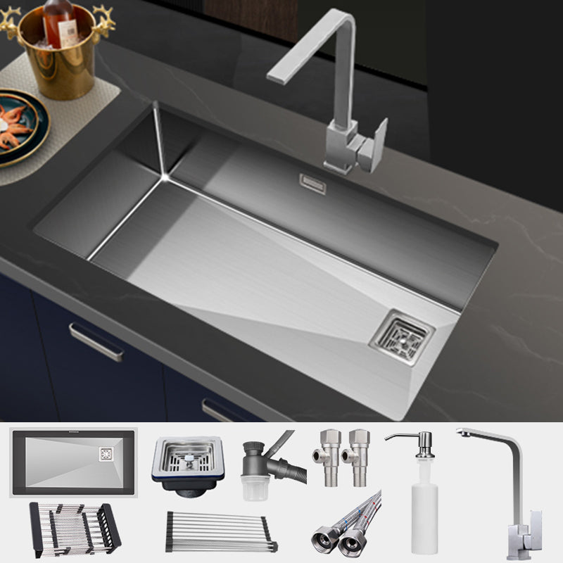 Contemporary Style Kitchen Sink Stainless Steel Noise-cancelling Design Kitchen Sink Sink with Faucet Square Faucet Clearhalo 'Home Improvement' 'home_improvement' 'home_improvement_kitchen_sinks' 'Kitchen Remodel & Kitchen Fixtures' 'Kitchen Sinks & Faucet Components' 'Kitchen Sinks' 'kitchen_sinks' 6496645