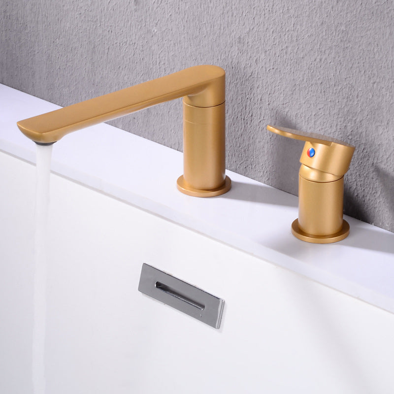 Deck Mounted Copper Freestanding Tub Filler Low Arc Roman Tub Faucet Set Gold 2 Hole Faucets Clearhalo 'Bathroom Remodel & Bathroom Fixtures' 'Bathtub Faucets' 'bathtub_faucets' 'Home Improvement' 'home_improvement' 'home_improvement_bathtub_faucets' 6497187