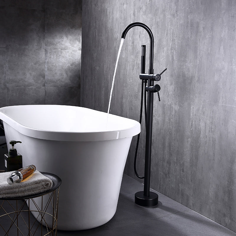 Floor Mounted Metal Freestanding Tub Filler Swivel Freestanding Faucet Black Round Hand Shower Included Clearhalo 'Bathroom Remodel & Bathroom Fixtures' 'Bathtub Faucets' 'bathtub_faucets' 'Home Improvement' 'home_improvement' 'home_improvement_bathtub_faucets' 6497255