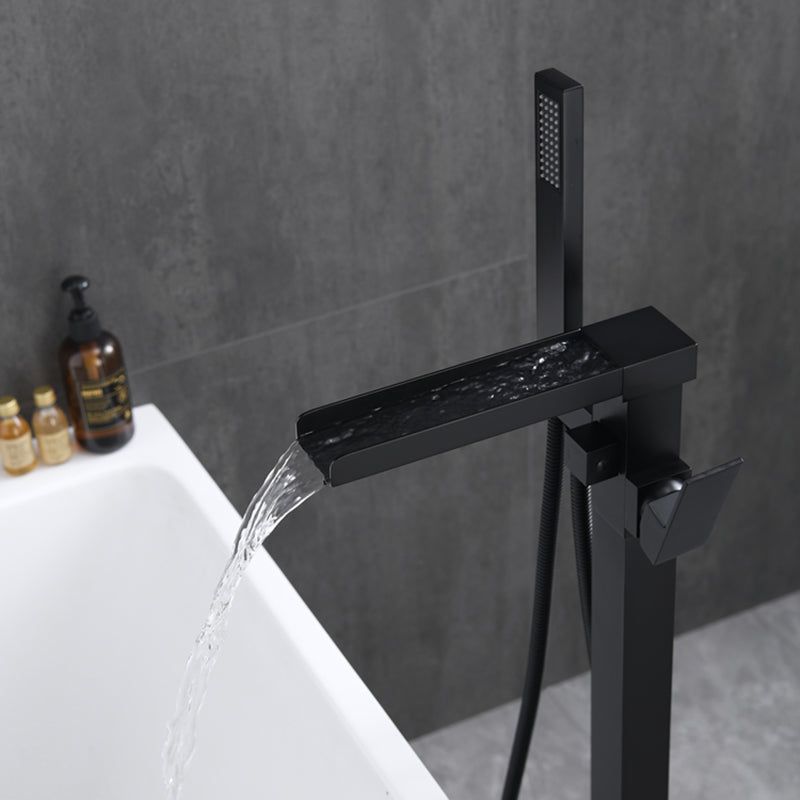 Floor Mounted Metal Freestanding Tub Filler Swivel Freestanding Faucet Black Bevel Hand Shower Included Clearhalo 'Bathroom Remodel & Bathroom Fixtures' 'Bathtub Faucets' 'bathtub_faucets' 'Home Improvement' 'home_improvement' 'home_improvement_bathtub_faucets' 6497262