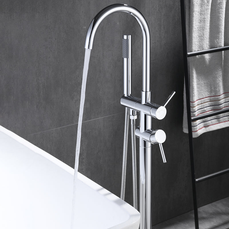 Floor Mounted Metal Freestanding Tub Filler Swivel Freestanding Faucet Chrome Round Hand Shower Included Clearhalo 'Bathroom Remodel & Bathroom Fixtures' 'Bathtub Faucets' 'bathtub_faucets' 'Home Improvement' 'home_improvement' 'home_improvement_bathtub_faucets' 6497264