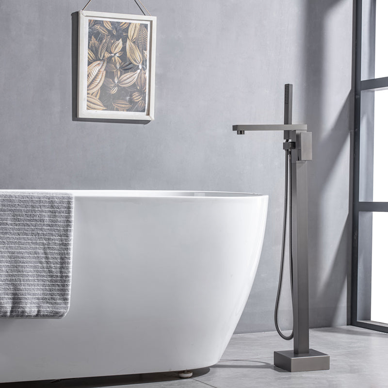 Floor Mounted Metal Freestanding Tub Filler Swivel Freestanding Faucet Gun Grey Flat Hand Shower Included Clearhalo 'Bathroom Remodel & Bathroom Fixtures' 'Bathtub Faucets' 'bathtub_faucets' 'Home Improvement' 'home_improvement' 'home_improvement_bathtub_faucets' 6497286