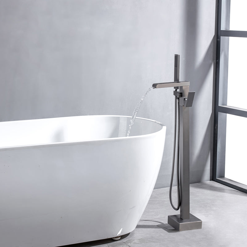 Floor Mounted Metal Freestanding Tub Filler Swivel Freestanding Faucet Gun Grey Bevel Hand Shower Included Clearhalo 'Bathroom Remodel & Bathroom Fixtures' 'Bathtub Faucets' 'bathtub_faucets' 'Home Improvement' 'home_improvement' 'home_improvement_bathtub_faucets' 6497287