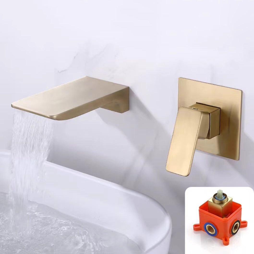 Wall Mounted Faucets Contemporary Single Handle Faucet for Bathroom Gold Clearhalo 'Bathroom Remodel & Bathroom Fixtures' 'Bathroom Sink Faucets' 'Bathroom Sinks & Faucet Components' 'bathroom_sink_faucets' 'Home Improvement' 'home_improvement' 'home_improvement_bathroom_sink_faucets' 6497494