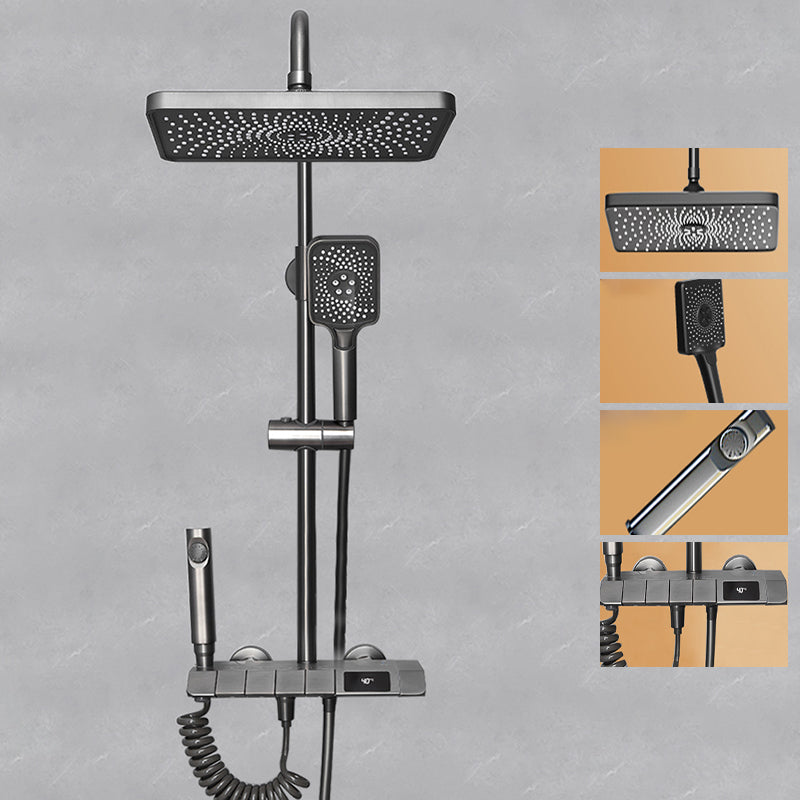 Modern Style Shower System Spot Resist Wall Mounted Rain Shower System Gun Grey Digital Display Included Clearhalo 'Bathroom Remodel & Bathroom Fixtures' 'Home Improvement' 'home_improvement' 'home_improvement_shower_faucets' 'Shower Faucets & Systems' 'shower_faucets' 'Showers & Bathtubs Plumbing' 'Showers & Bathtubs' 6497616