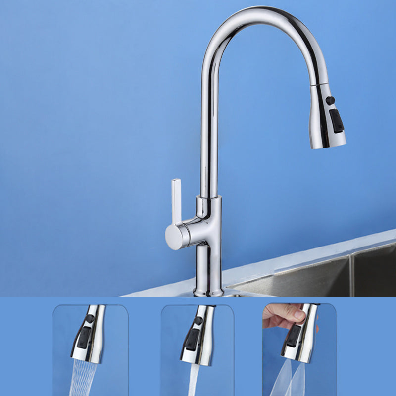 Contemporary Style Kitchen Faucet Copper 1-Handle Retractable High Arc Kitchen Faucet Chrome Clearhalo 'Home Improvement' 'home_improvement' 'home_improvement_kitchen_faucets' 'Kitchen Faucets' 'Kitchen Remodel & Kitchen Fixtures' 'Kitchen Sinks & Faucet Components' 'kitchen_faucets' 6497681