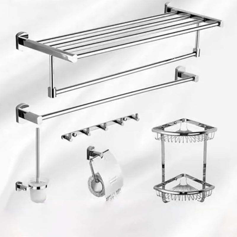 Polished Chrome Modern Bathroom Accessory Set Silver Towel Bar/Bath Shelf 6-Piece Set Clearhalo 'Bathroom Hardware Sets' 'Bathroom Hardware' 'Bathroom Remodel & Bathroom Fixtures' 'bathroom_hardware_sets' 'Home Improvement' 'home_improvement' 'home_improvement_bathroom_hardware_sets' 6498429