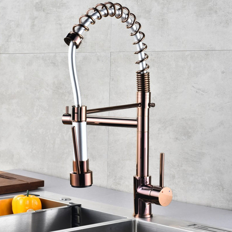 Glam Sink Faucet Brass Lever Handles Spring Neck Swivel Spout Bathroom Vessel Faucet Rose Gold Dual Mode Clearhalo 'Bathroom Remodel & Bathroom Fixtures' 'Bathroom Sink Faucets' 'Bathroom Sinks & Faucet Components' 'bathroom_sink_faucets' 'Home Improvement' 'home_improvement' 'home_improvement_bathroom_sink_faucets' 6502500