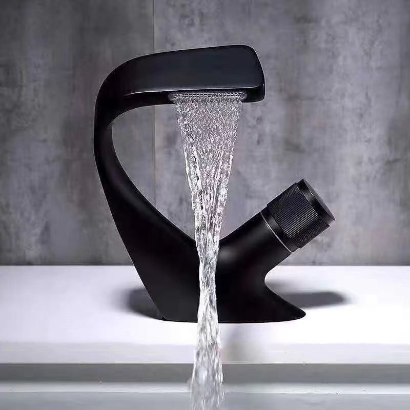 Modern Centerset Faucets Single Knob Handle Faucets with Waterfall Spout Black Clearhalo 'Bathroom Remodel & Bathroom Fixtures' 'Bathroom Sink Faucets' 'Bathroom Sinks & Faucet Components' 'bathroom_sink_faucets' 'Home Improvement' 'home_improvement' 'home_improvement_bathroom_sink_faucets' 6510684