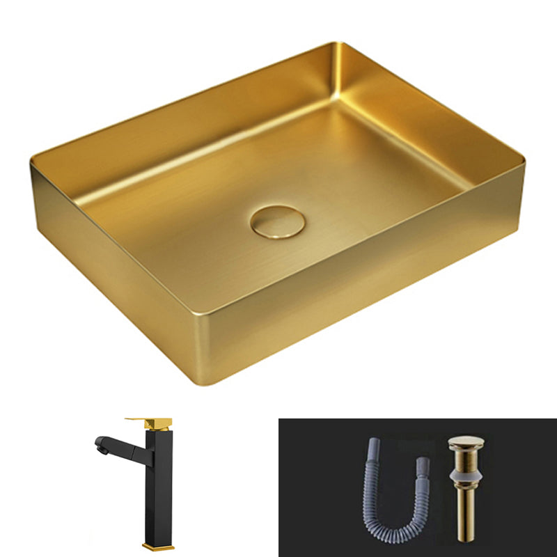 Modern Vessel Sink Metal Rectangular with Pop-Up Drain Vessel Bathroom Sink Gold Pull Out Faucet Sink with Faucet Clearhalo 'Bathroom Remodel & Bathroom Fixtures' 'Bathroom Sinks & Faucet Components' 'Bathroom Sinks' 'bathroom_sink' 'Home Improvement' 'home_improvement' 'home_improvement_bathroom_sink' 6511263