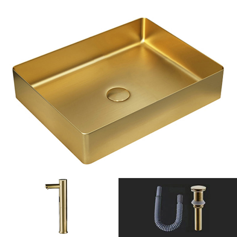 Modern Vessel Sink Metal Rectangular with Pop-Up Drain Vessel Bathroom Sink Gold Induction Faucet Sink with Faucet Clearhalo 'Bathroom Remodel & Bathroom Fixtures' 'Bathroom Sinks & Faucet Components' 'Bathroom Sinks' 'bathroom_sink' 'Home Improvement' 'home_improvement' 'home_improvement_bathroom_sink' 6511282