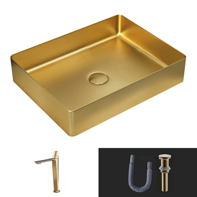 Modern Vessel Sink Metal Rectangular with Pop-Up Drain Vessel Bathroom Sink Gold Straight Faucet Sink with Faucet Clearhalo 'Bathroom Remodel & Bathroom Fixtures' 'Bathroom Sinks & Faucet Components' 'Bathroom Sinks' 'bathroom_sink' 'Home Improvement' 'home_improvement' 'home_improvement_bathroom_sink' 6511284