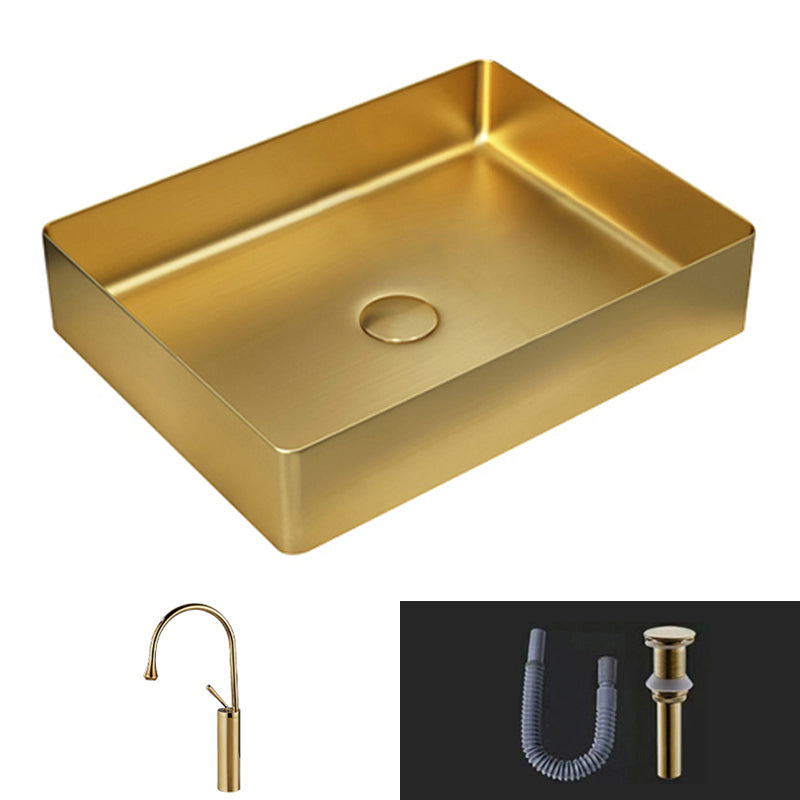 Modern Vessel Sink Metal Rectangular with Pop-Up Drain Vessel Bathroom Sink Gold Gooseneck Faucet Sink with Faucet Clearhalo 'Bathroom Remodel & Bathroom Fixtures' 'Bathroom Sinks & Faucet Components' 'Bathroom Sinks' 'bathroom_sink' 'Home Improvement' 'home_improvement' 'home_improvement_bathroom_sink' 6511286