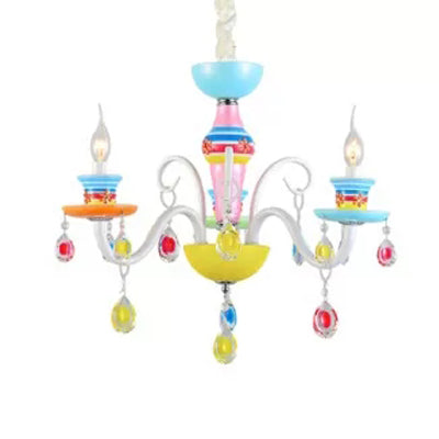 Modern Candle Chandelier Glass Multi-Head Colorful Pendant Light for Kindergarten 3 Blue-Pink-Yellow Clearhalo 'Ceiling Lights' 'Chandeliers' Lighting' options 65161_3840c9f0-a897-4293-a132-2e471109e332