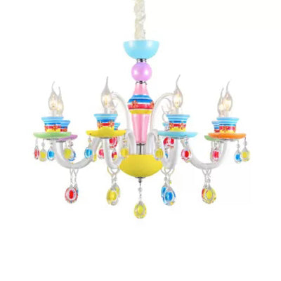 Modern Candle Chandelier Glass Multi-Head Colorful Pendant Light for Kindergarten 5 Blue-Pink-Yellow Clearhalo 'Ceiling Lights' 'Chandeliers' Lighting' options 65168_3e65194f-034a-4ac4-a1e9-912275c94f6b