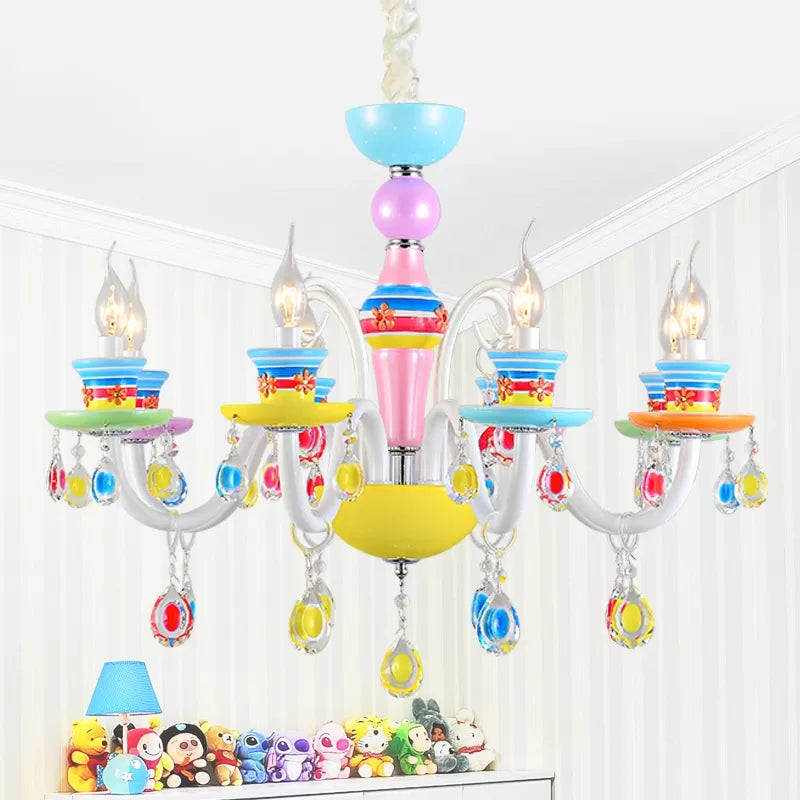 Modern Candle Chandelier Glass Multi-Head Colorful Pendant Light for Kindergarten 6 Blue-Pink-Yellow Clearhalo 'Ceiling Lights' 'Chandeliers' Lighting' options 65169_7382e8f7-c2ef-4309-9d89-9d49f8bec662