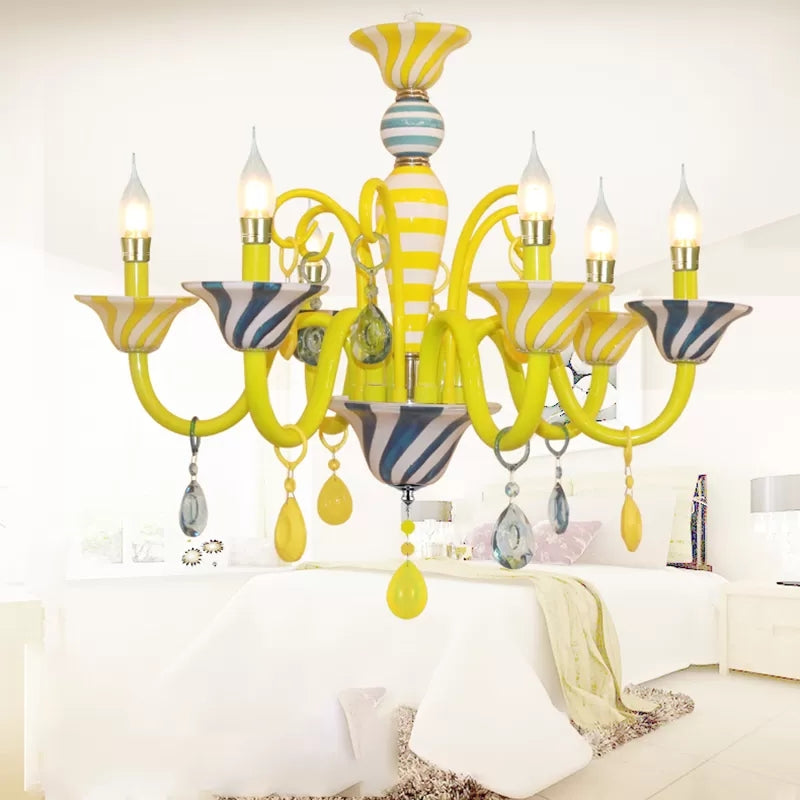 Candle Kindergarten Pendant Light with Crystal Deco Contemporary Hanging Light in Yellow 6 Yellow Clearhalo 'Ceiling Lights' 'Chandeliers' Lighting' options 65188_bfa59190-5ec6-414c-abe2-f49e98a78e9c