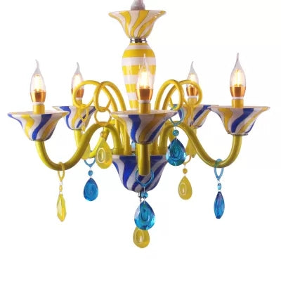 Candle Kindergarten Pendant Light with Crystal Deco Contemporary Hanging Light in Yellow 5 Yellow Clearhalo 'Ceiling Lights' 'Chandeliers' Lighting' options 65190_c26d4332-eacb-4bb5-a621-7b72170bd5ce