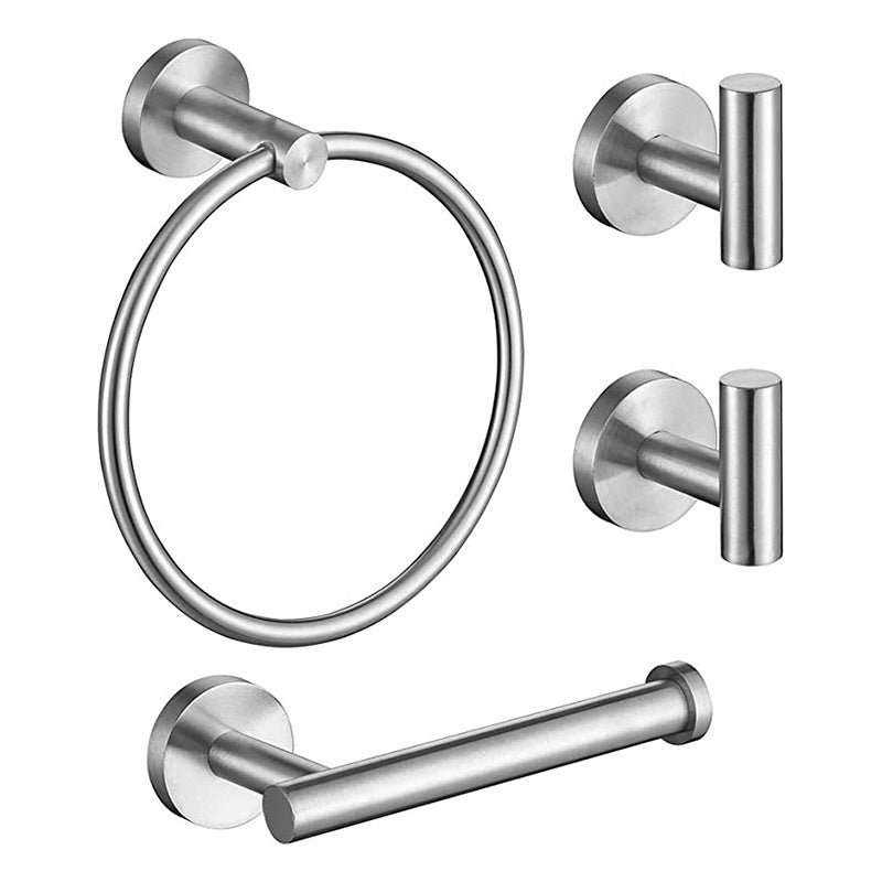 Traditional Bathroom Hardware Accessory Kit Towel Ring/Robe Hooks/ Towel Bar Silver 4-Piece Set (with Hook) Clearhalo 'Bathroom Hardware Sets' 'Bathroom Hardware' 'Bathroom Remodel & Bathroom Fixtures' 'bathroom_hardware_sets' 'Home Improvement' 'home_improvement' 'home_improvement_bathroom_hardware_sets' 6524180