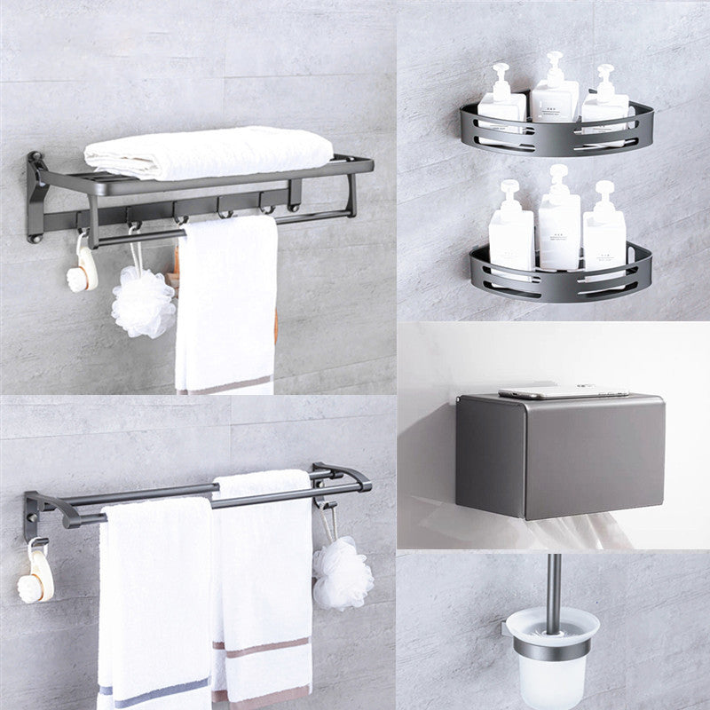 Matte Gray Bathroom Accessory Set Bath Shelf/Towel Bar & Paper Holder Included Clearhalo 'Bathroom Hardware Sets' 'Bathroom Hardware' 'Bathroom Remodel & Bathroom Fixtures' 'bathroom_hardware_sets' 'Home Improvement' 'home_improvement' 'home_improvement_bathroom_hardware_sets' 6524277