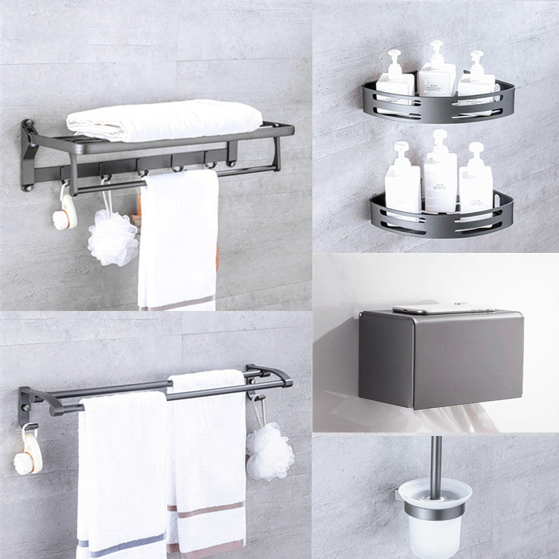 Matte Gray Bathroom Accessory Set Bath Shelf/Towel Bar & Paper Holder Included 6-Piece Set (without Hook) Clearhalo 'Bathroom Hardware Sets' 'Bathroom Hardware' 'Bathroom Remodel & Bathroom Fixtures' 'bathroom_hardware_sets' 'Home Improvement' 'home_improvement' 'home_improvement_bathroom_hardware_sets' 6524284