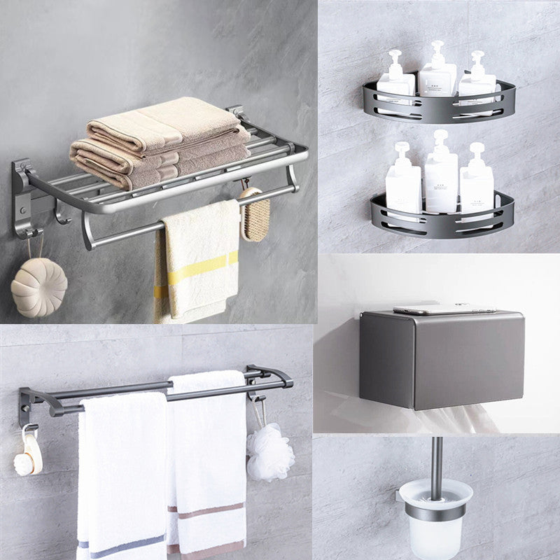 Matte Gray Bathroom Accessory Set Bath Shelf/Towel Bar & Paper Holder Included 6-Piece Set (Curved) Clearhalo 'Bathroom Hardware Sets' 'Bathroom Hardware' 'Bathroom Remodel & Bathroom Fixtures' 'bathroom_hardware_sets' 'Home Improvement' 'home_improvement' 'home_improvement_bathroom_hardware_sets' 6524296