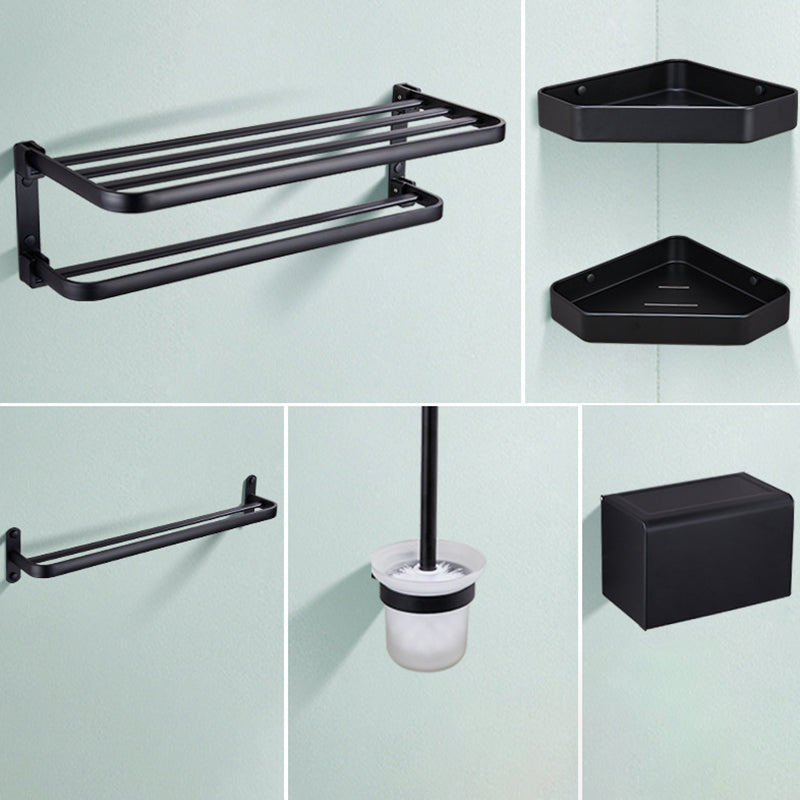 Modern Bathroom Accessory Set Matte Black/Gray Bath Shelf/Towel Bar & Paper Holder Black 6-Piece Set Clearhalo 'Bathroom Hardware Sets' 'Bathroom Hardware' 'Bathroom Remodel & Bathroom Fixtures' 'bathroom_hardware_sets' 'Home Improvement' 'home_improvement' 'home_improvement_bathroom_hardware_sets' 6524317