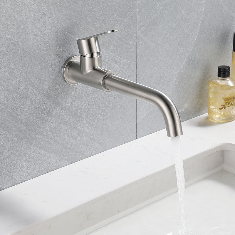 Modern Style Faucet Wall Mounted Single Lever Handle Faucet for Bathroom Silver Clearhalo 'Bathroom Remodel & Bathroom Fixtures' 'Bathroom Sink Faucets' 'Bathroom Sinks & Faucet Components' 'bathroom_sink_faucets' 'Home Improvement' 'home_improvement' 'home_improvement_bathroom_sink_faucets' 6527812