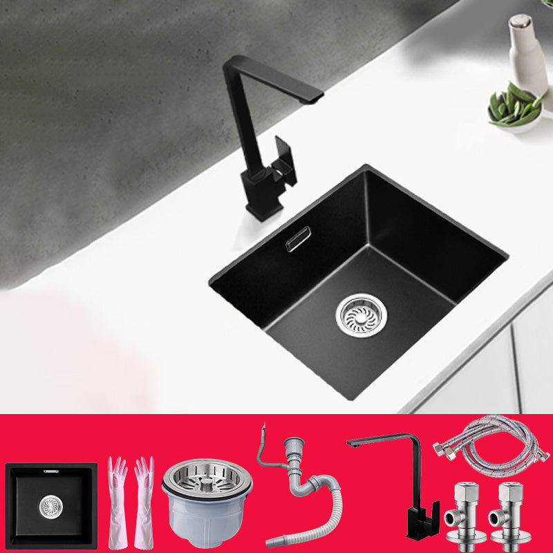 Black Undermount Kitchen Sink Single Bowl Quartz Sink with Faucet 15"L x 13"W x 7"H Sink with Faucet Seven Character Faucet Clearhalo 'Home Improvement' 'home_improvement' 'home_improvement_kitchen_sinks' 'Kitchen Remodel & Kitchen Fixtures' 'Kitchen Sinks & Faucet Components' 'Kitchen Sinks' 'kitchen_sinks' 6527945