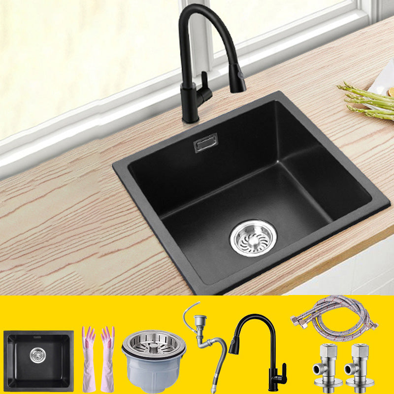 Black Undermount Kitchen Sink Single Bowl Quartz Sink with Faucet 17.7"L x 17.7"W x 8.7"H Sink with Faucet Pull Out Faucet Clearhalo 'Home Improvement' 'home_improvement' 'home_improvement_kitchen_sinks' 'Kitchen Remodel & Kitchen Fixtures' 'Kitchen Sinks & Faucet Components' 'Kitchen Sinks' 'kitchen_sinks' 6527955