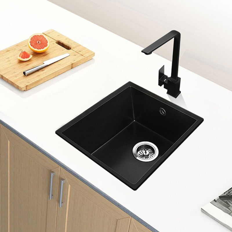 Black Undermount Kitchen Sink Single Bowl Quartz Sink with Faucet 16"L x 18"W x 8"H Sink with Faucet Seven Character Faucet Clearhalo 'Home Improvement' 'home_improvement' 'home_improvement_kitchen_sinks' 'Kitchen Remodel & Kitchen Fixtures' 'Kitchen Sinks & Faucet Components' 'Kitchen Sinks' 'kitchen_sinks' 6527957