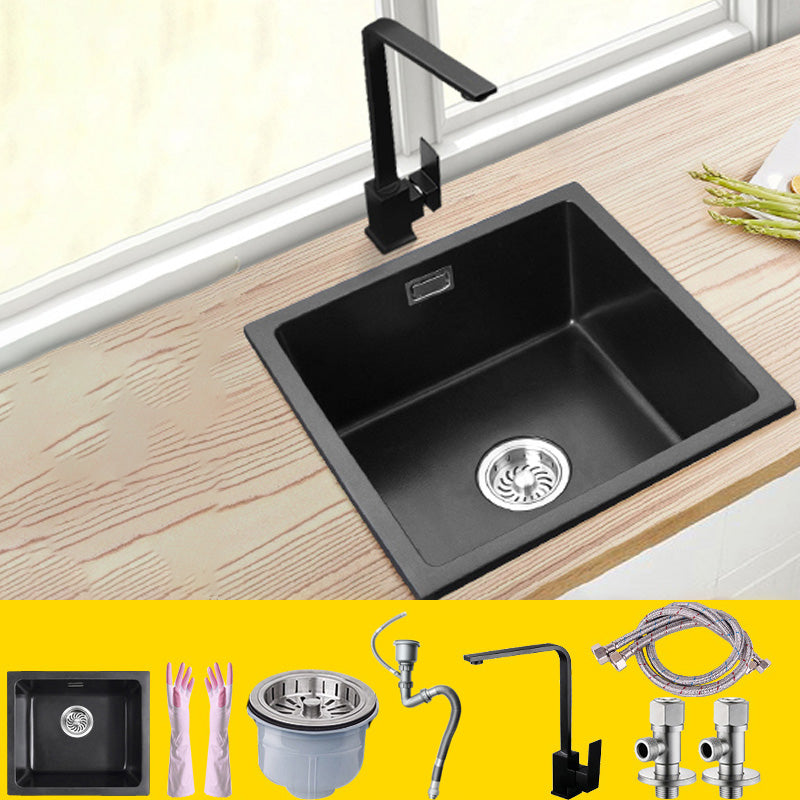 Black Undermount Kitchen Sink Single Bowl Quartz Sink with Faucet 17.7"L x 17.7"W x 8.7"H Sink with Faucet Seven Character Faucet Clearhalo 'Home Improvement' 'home_improvement' 'home_improvement_kitchen_sinks' 'Kitchen Remodel & Kitchen Fixtures' 'Kitchen Sinks & Faucet Components' 'Kitchen Sinks' 'kitchen_sinks' 6527958