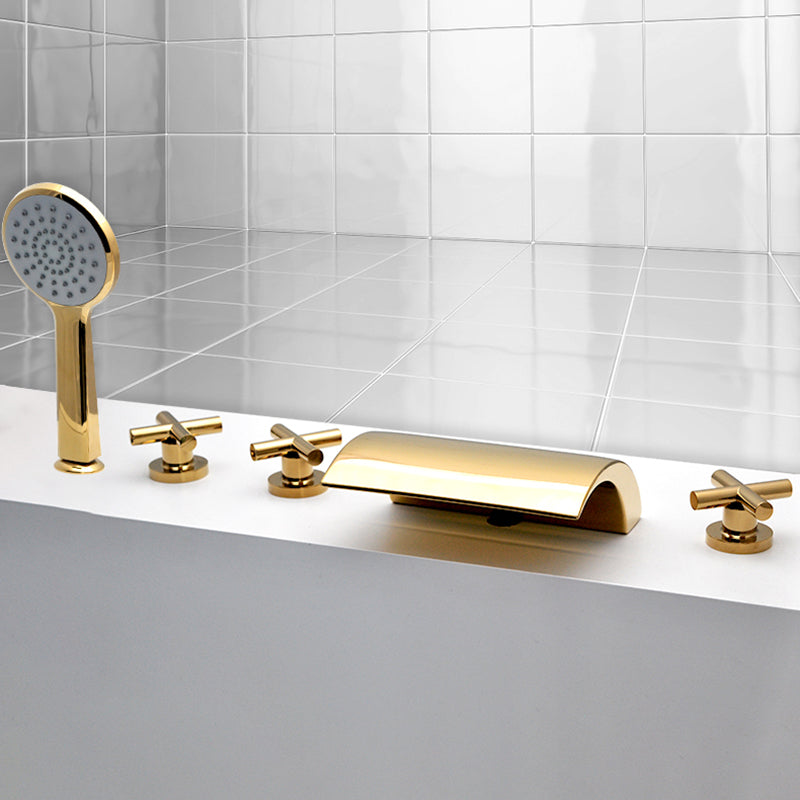 Contemporary Bath Faucet Trim Metal Deck Mounted Bath Faucet Trim Gold Cross Handles 5 Hole Faucets Clearhalo 'Bathroom Remodel & Bathroom Fixtures' 'Bathtub Faucets' 'bathtub_faucets' 'Home Improvement' 'home_improvement' 'home_improvement_bathtub_faucets' 6528293