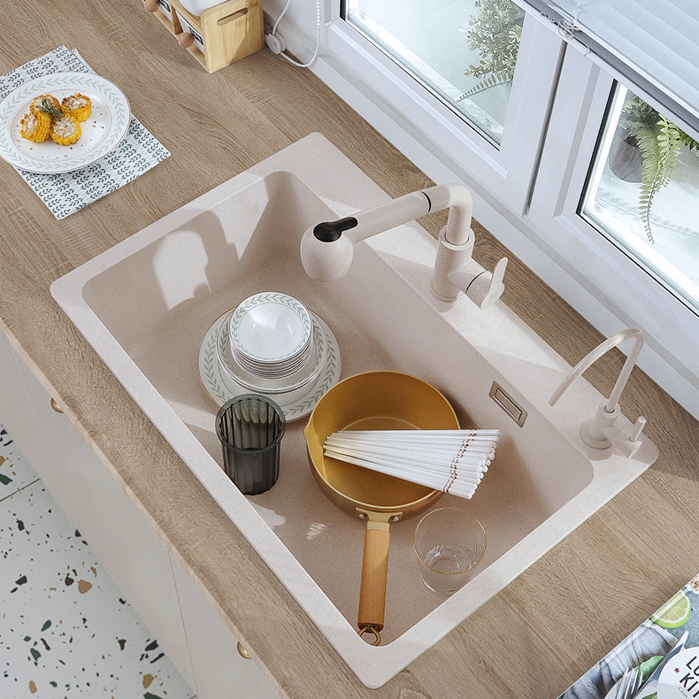 White Quartz Kitchen Sink Single Bowl Sink with Basket Strainer - Clearhalo