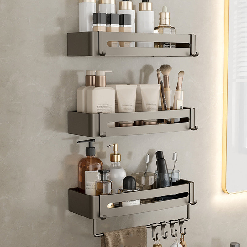 Contemporary Aluminum Bathroom Accessory Set Gray Bath Shelf 3-Piece Set (Hollow Square Bath Shelf with Bar) Clearhalo 'Bathroom Hardware Sets' 'Bathroom Hardware' 'Bathroom Remodel & Bathroom Fixtures' 'bathroom_hardware_sets' 'Home Improvement' 'home_improvement' 'home_improvement_bathroom_hardware_sets' 6531581