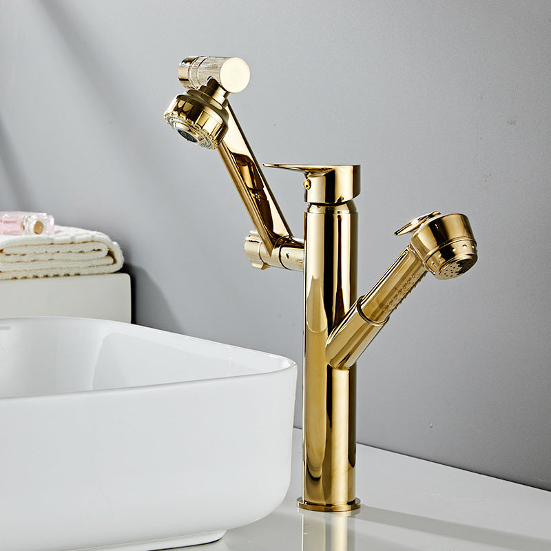 Glam Vessel Faucet Brass Lever Handles Swivel Spout Basin Lavatory Faucet Golden 11" Clearhalo 'Bathroom Remodel & Bathroom Fixtures' 'Bathroom Sink Faucets' 'Bathroom Sinks & Faucet Components' 'bathroom_sink_faucets' 'Home Improvement' 'home_improvement' 'home_improvement_bathroom_sink_faucets' 6540479