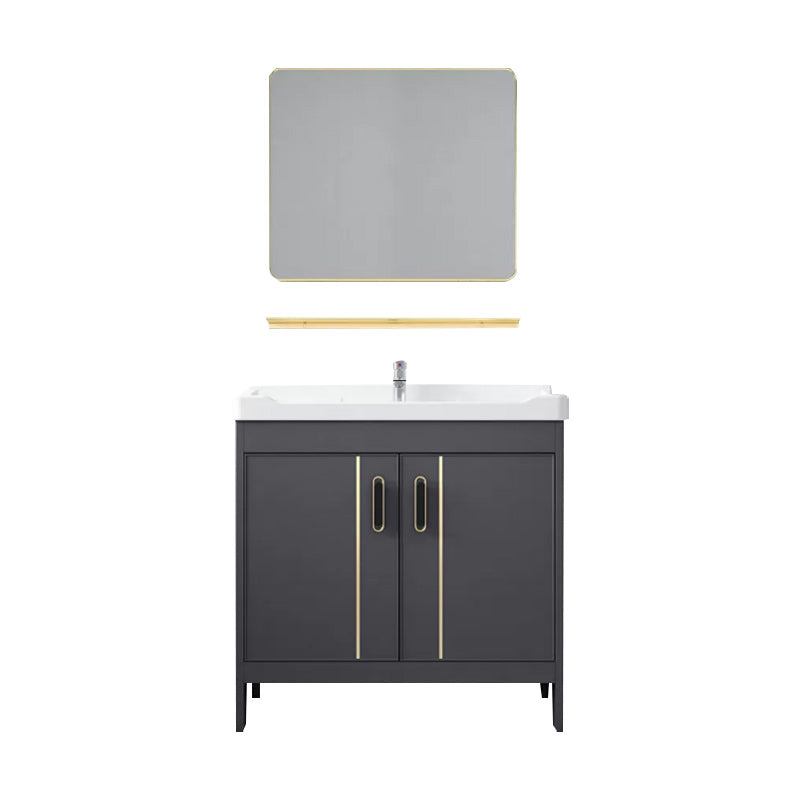 Metal Bathroom Vanity Set 2 Doors Freestanding Rectangle Single Sink Bathroom with Mirror Vanity & Faucet & Mirrors Grey Clearhalo 'Bathroom Remodel & Bathroom Fixtures' 'Bathroom Vanities' 'bathroom_vanities' 'Home Improvement' 'home_improvement' 'home_improvement_bathroom_vanities' 6540854