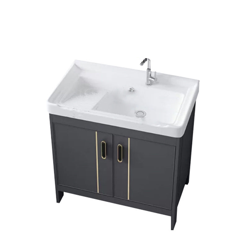 Metal Bathroom Vanity Set 2 Doors Freestanding Rectangle Single Sink Bathroom with Mirror Vanity & Faucet Grey Clearhalo 'Bathroom Remodel & Bathroom Fixtures' 'Bathroom Vanities' 'bathroom_vanities' 'Home Improvement' 'home_improvement' 'home_improvement_bathroom_vanities' 6540862