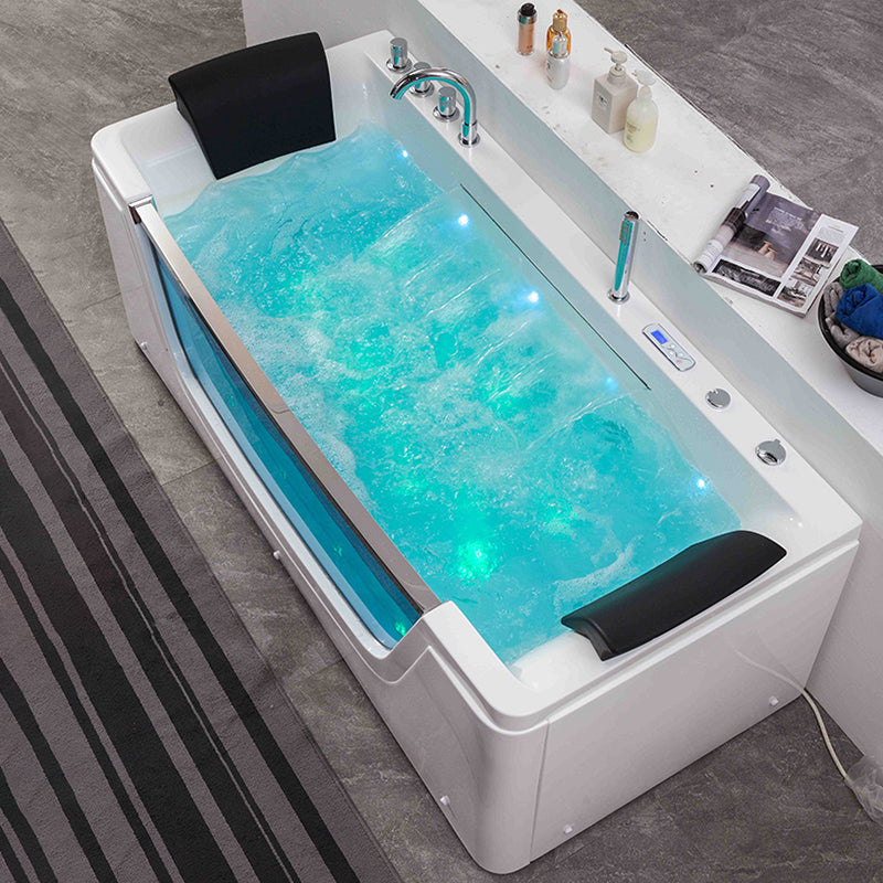 Modern Rectangle Acrylic Bathtub Back to Wall with Massage Device and Drain Bath Tub 63"L x 31"W x 24"H Message & Temperature & Bubble & Light Tub with Silver 5-Piece Set Clearhalo 'Bathroom Remodel & Bathroom Fixtures' 'Bathtubs' 'Home Improvement' 'home_improvement' 'home_improvement_bathtubs' 'Showers & Bathtubs' 6548274