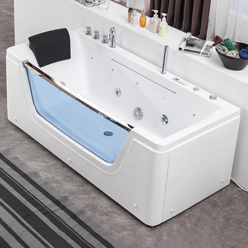 Modern Rectangle Acrylic Bathtub Back to Wall with Massage Device and Drain Bath Tub Massage+Waterfall+Colored Lights Tub with Silver 5-Piece Set Clearhalo 'Bathroom Remodel & Bathroom Fixtures' 'Bathtubs' 'Home Improvement' 'home_improvement' 'home_improvement_bathtubs' 'Showers & Bathtubs' 6548277